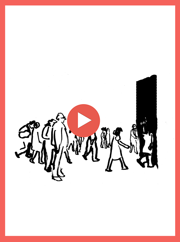 Ilustración de personas entrando a un espacio cultural